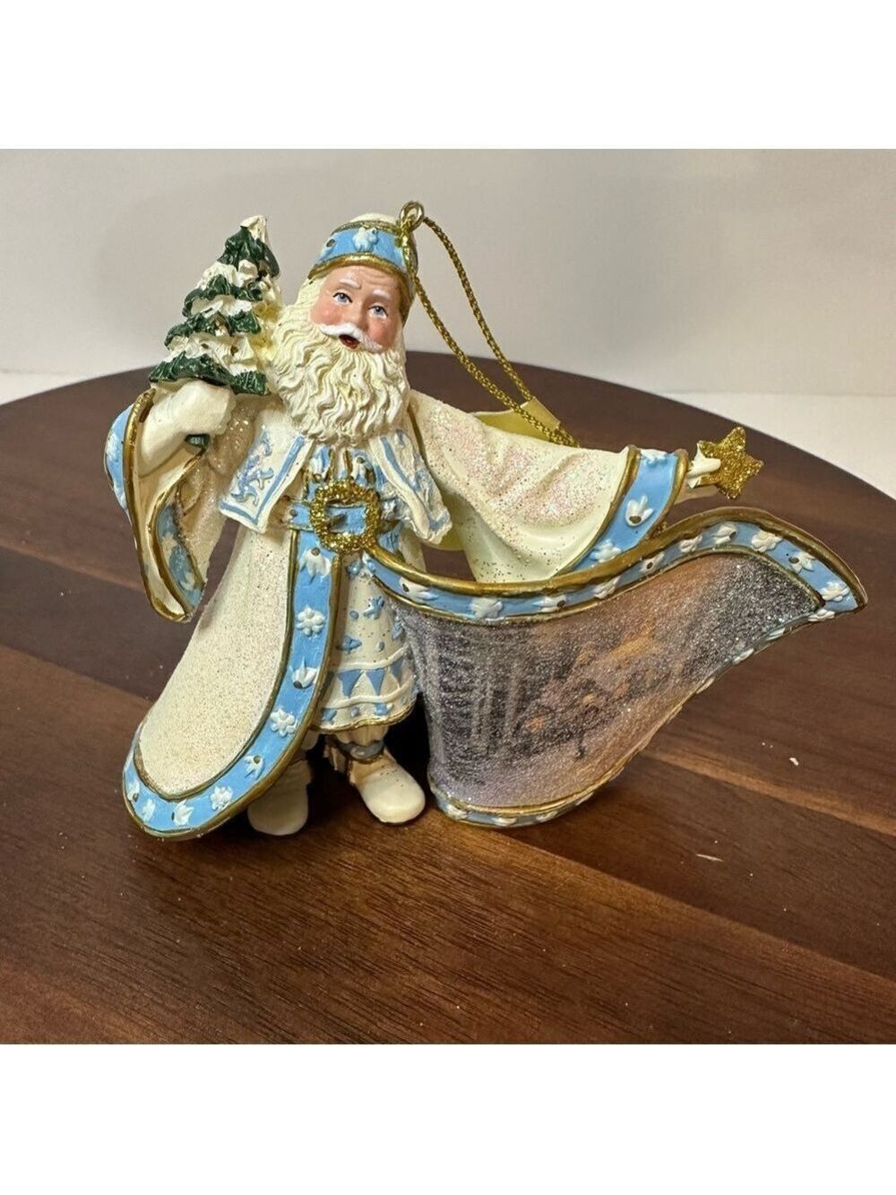 Thomas Kinkade Santa Ornament Ashton-Drake Blue & Gold Winter Cottage Scene